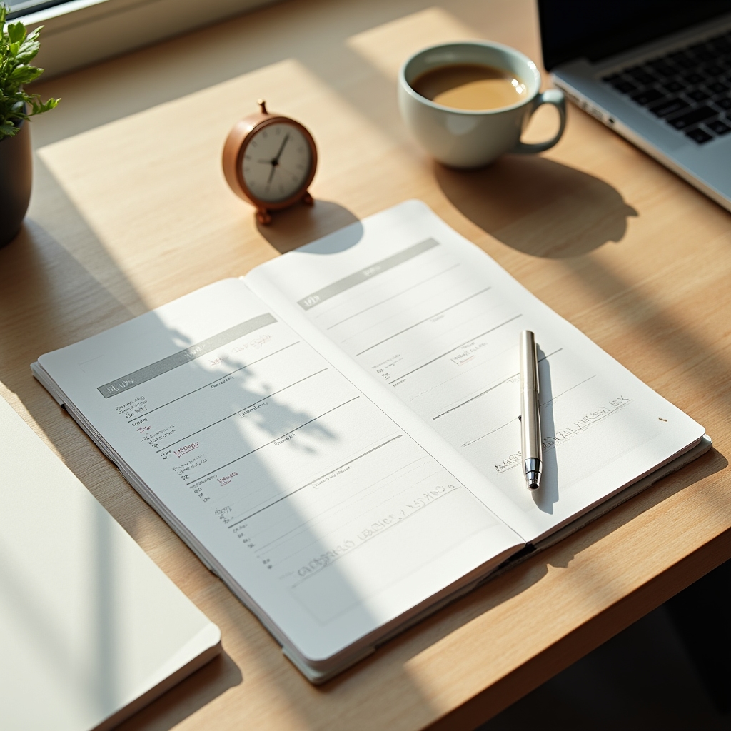 Schreibtisch mit Kalender und Notizen zur Arbeitszeitanalyse