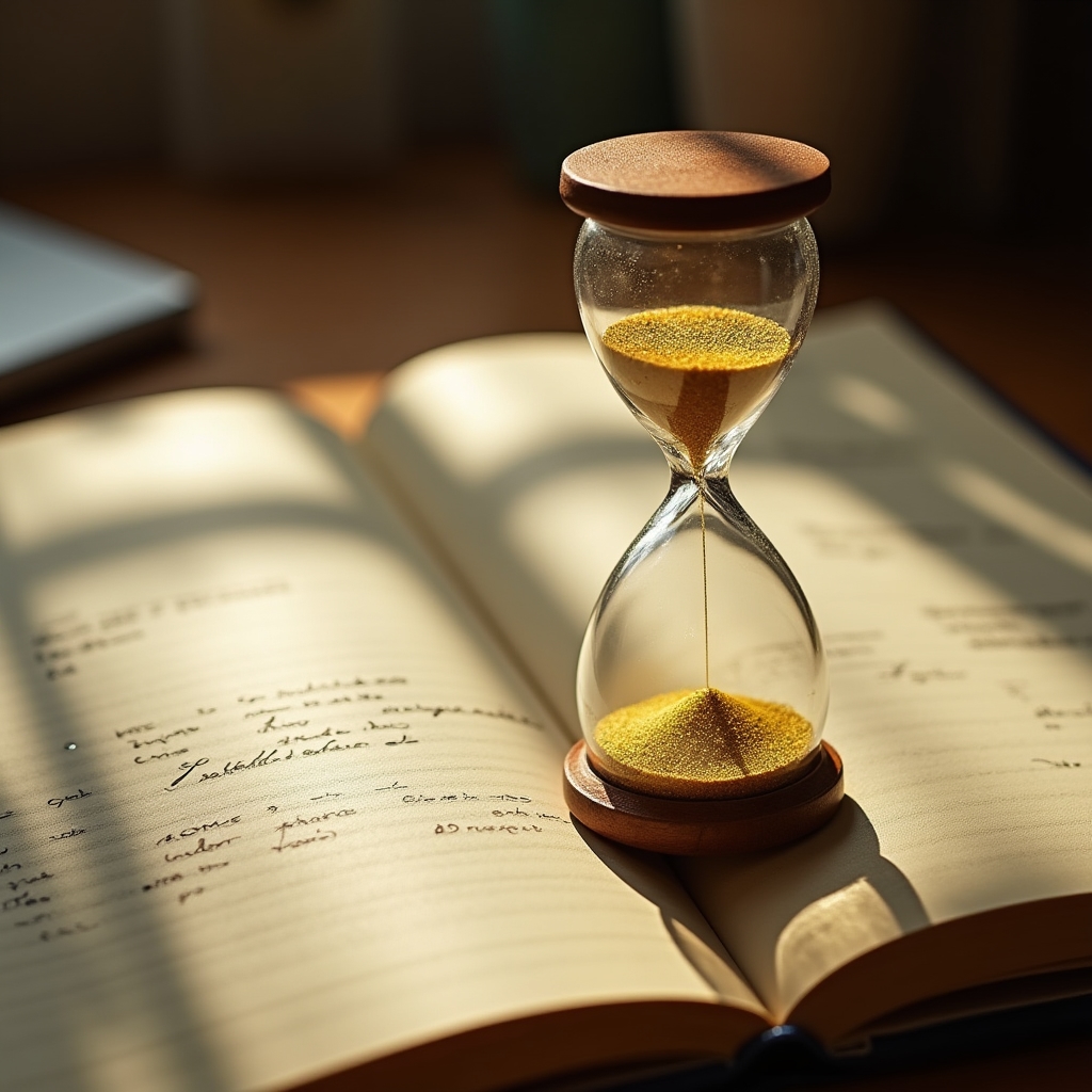 Nahaufnahme einer Sanduhr neben Arbeitsunterlagen auf einem Schreibtisch