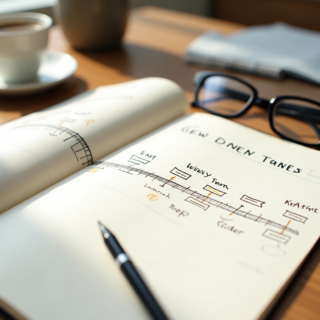 Notizbuch mit handgezeichneter Zeitlinie eines Arbeitstages